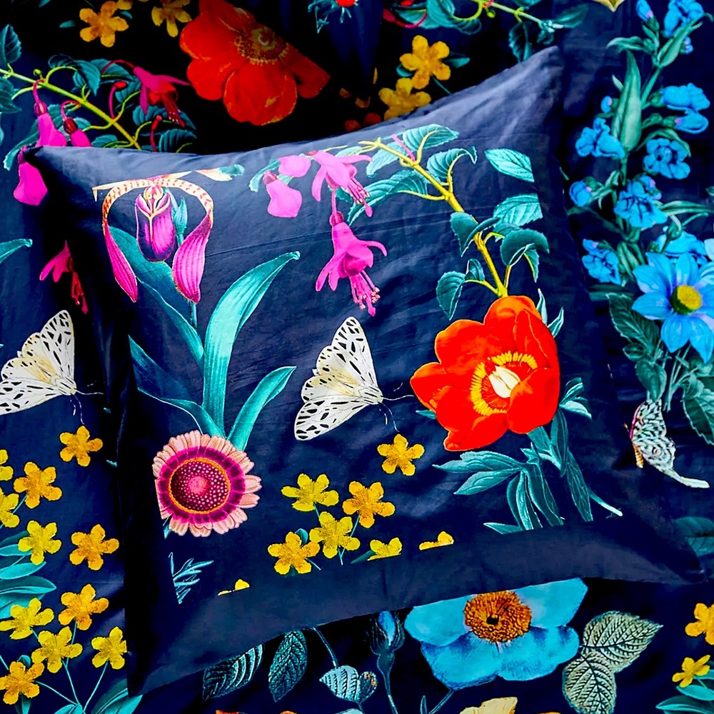 Anthropologie Organic Cotton Sateen Sheet Set by Maeve NWT Q Dark Blue Floral